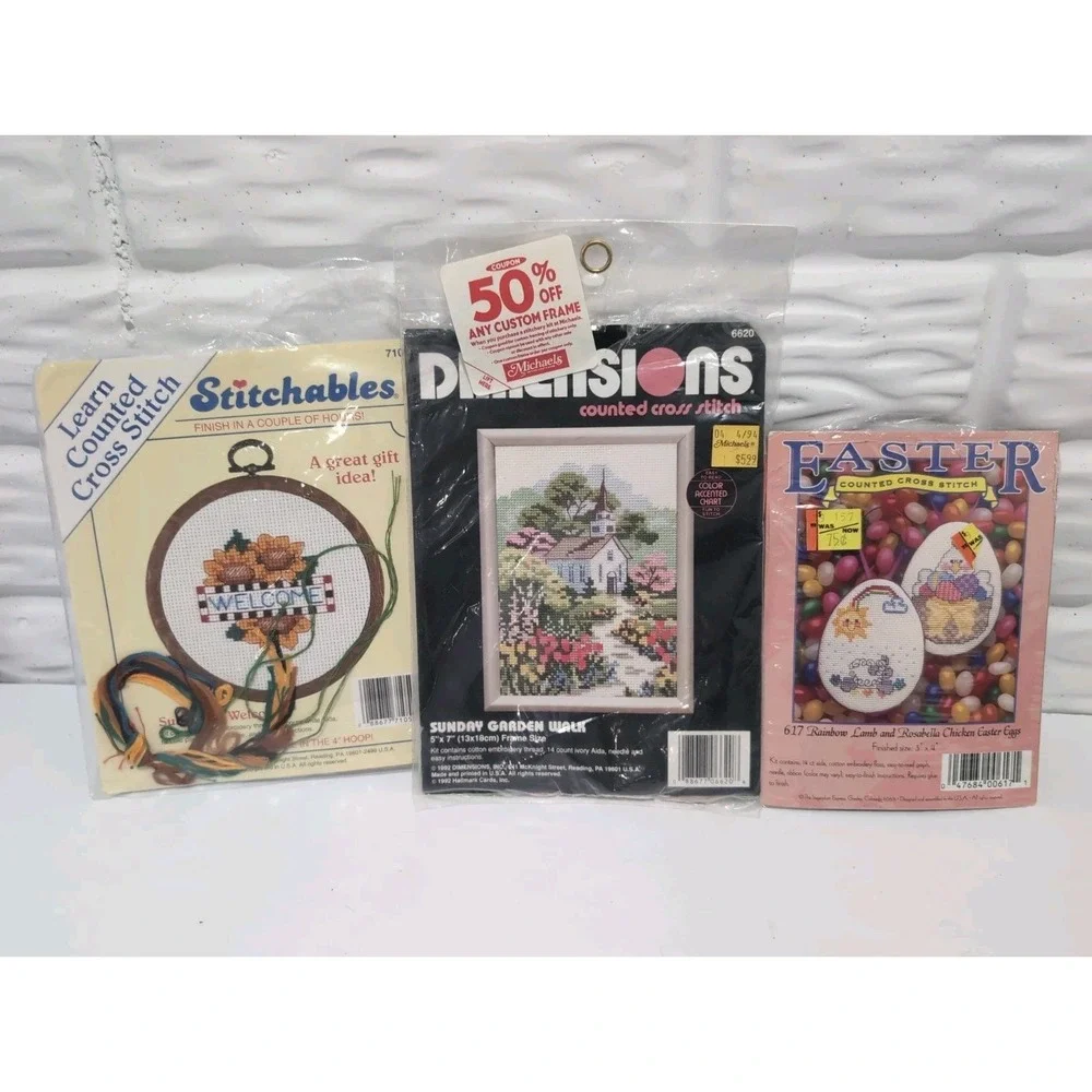 Lot Vintage 90s Opened Cross Stitch Projects Easter Church Garden Sunflower